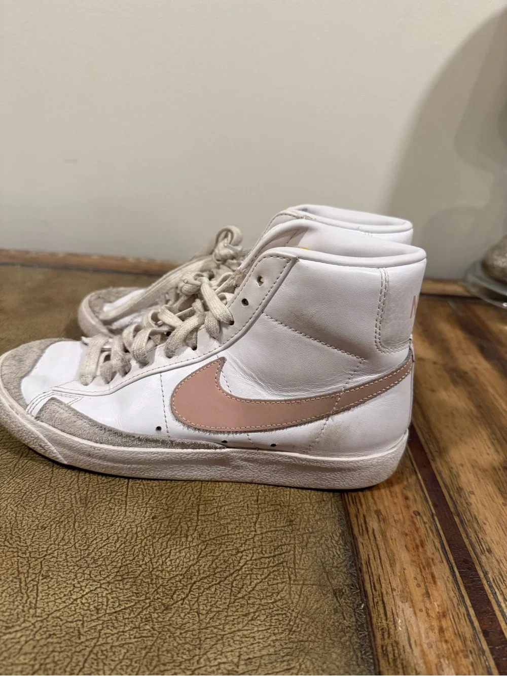 Nike High-Top Sneakers in White with Blush Swoosh